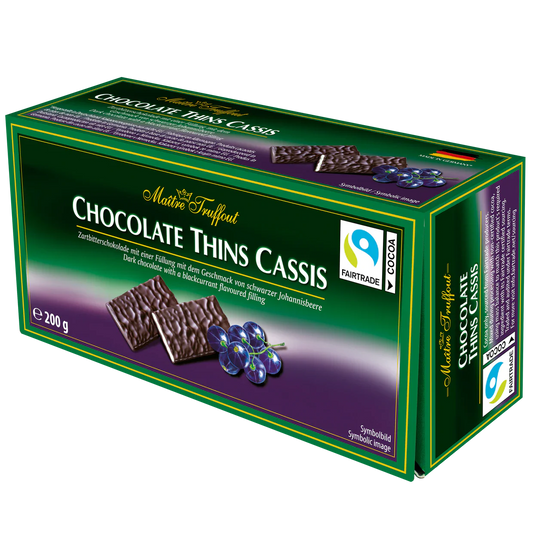 Maître Truffout Chocolate Thins Cassis Zartbitter Täfelchen schwarze Johannisbeere 200g – Produktansicht