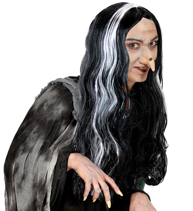 Schwarze lange Perücke Mortisia für Halloween und Fasnacht