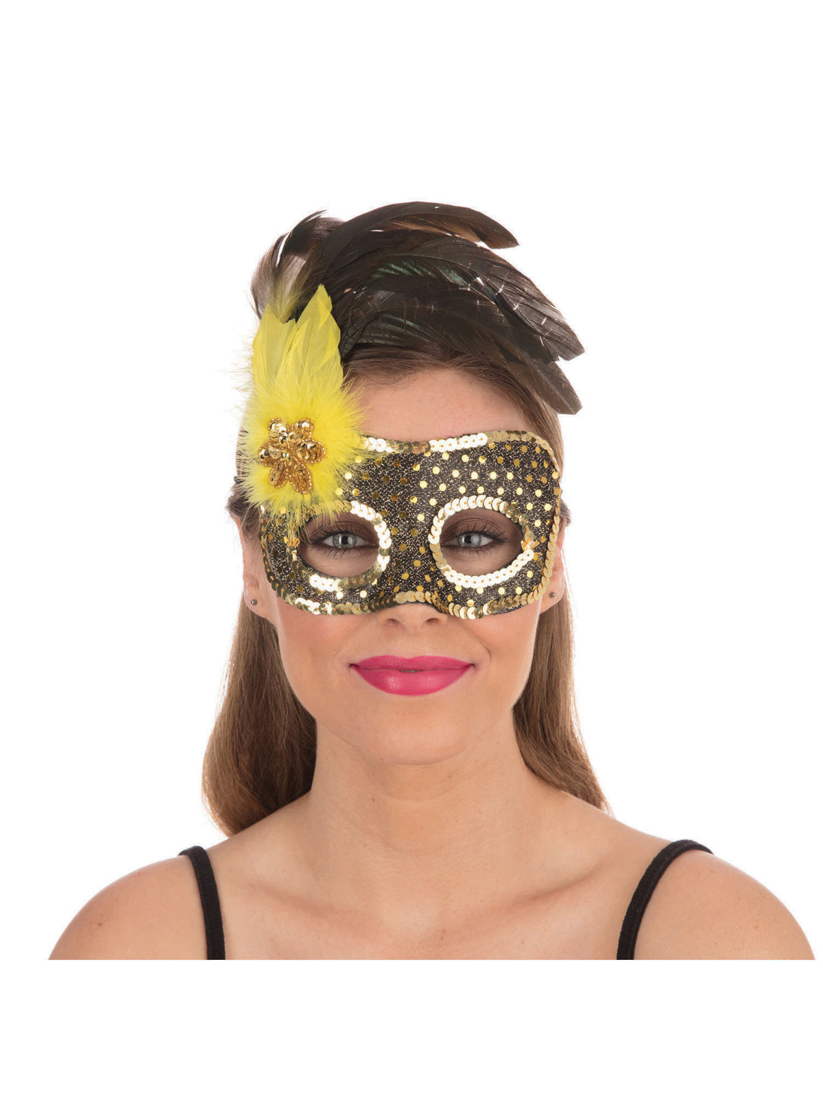 Rubies Black/Gold Sequin Mask +Yellow Feathr Eye Masks