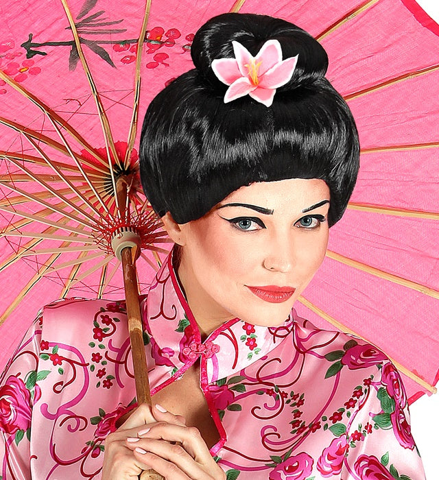 Perücke Fujiko mit dekorativer Blume in Box für Fasnacht und Karneval