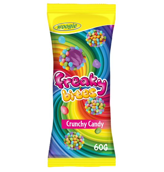 Woogie Freaky Bites 60g Fruchtgummi Bonbons in bunter Zuckerperlen-Hülle – Produktansicht