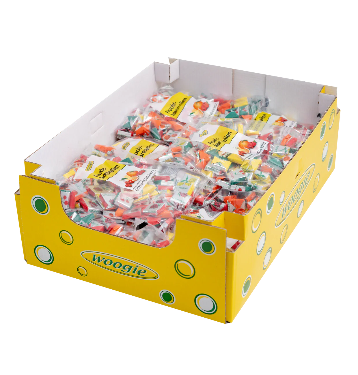 Woogie Fruchtkaramellen 250g Produktansicht und Detailansicht – Detailansicht