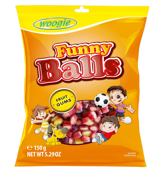Woogie Woogi Funny Balls 150g Die Funny Balls sind eine bunte Mischung aus Fruchtgummi Konfekt – Produktansicht