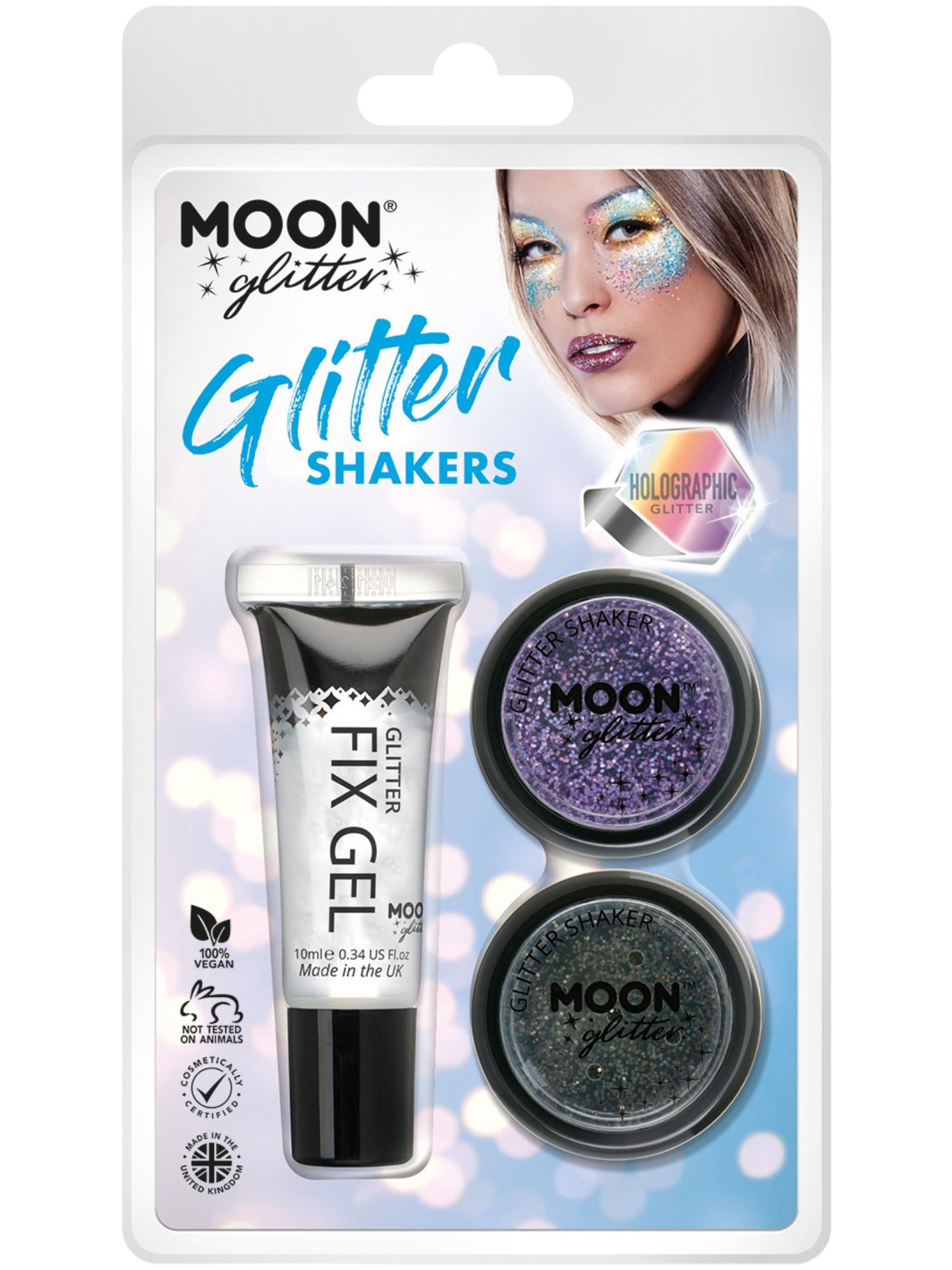 Smiffys Moon Glitter Holographic Glitter Set mit Fix Gel in Purple und Black