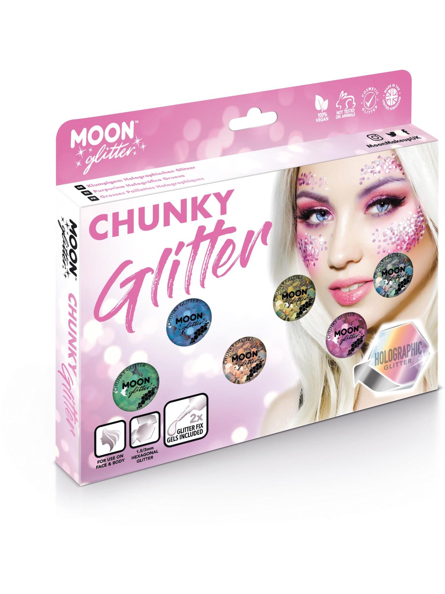 Smiffys Moon holografisches Chunky Glitter assortiert 3 g Boxset
