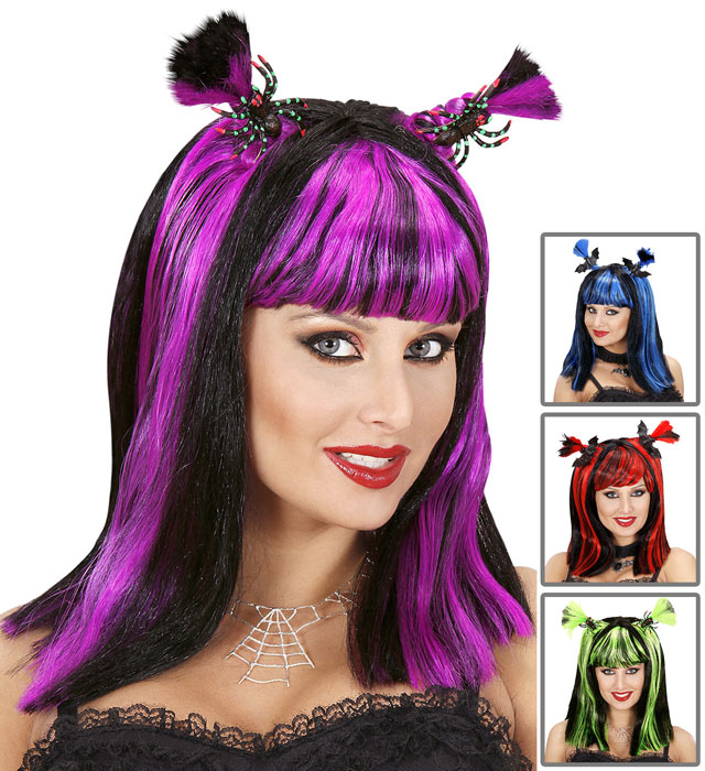 "PERÜCKE HALLOWEEN MIT SPINNEN / FLEDERMÄUSEN" in 4 Farben sort. - in Box Diverse Farben