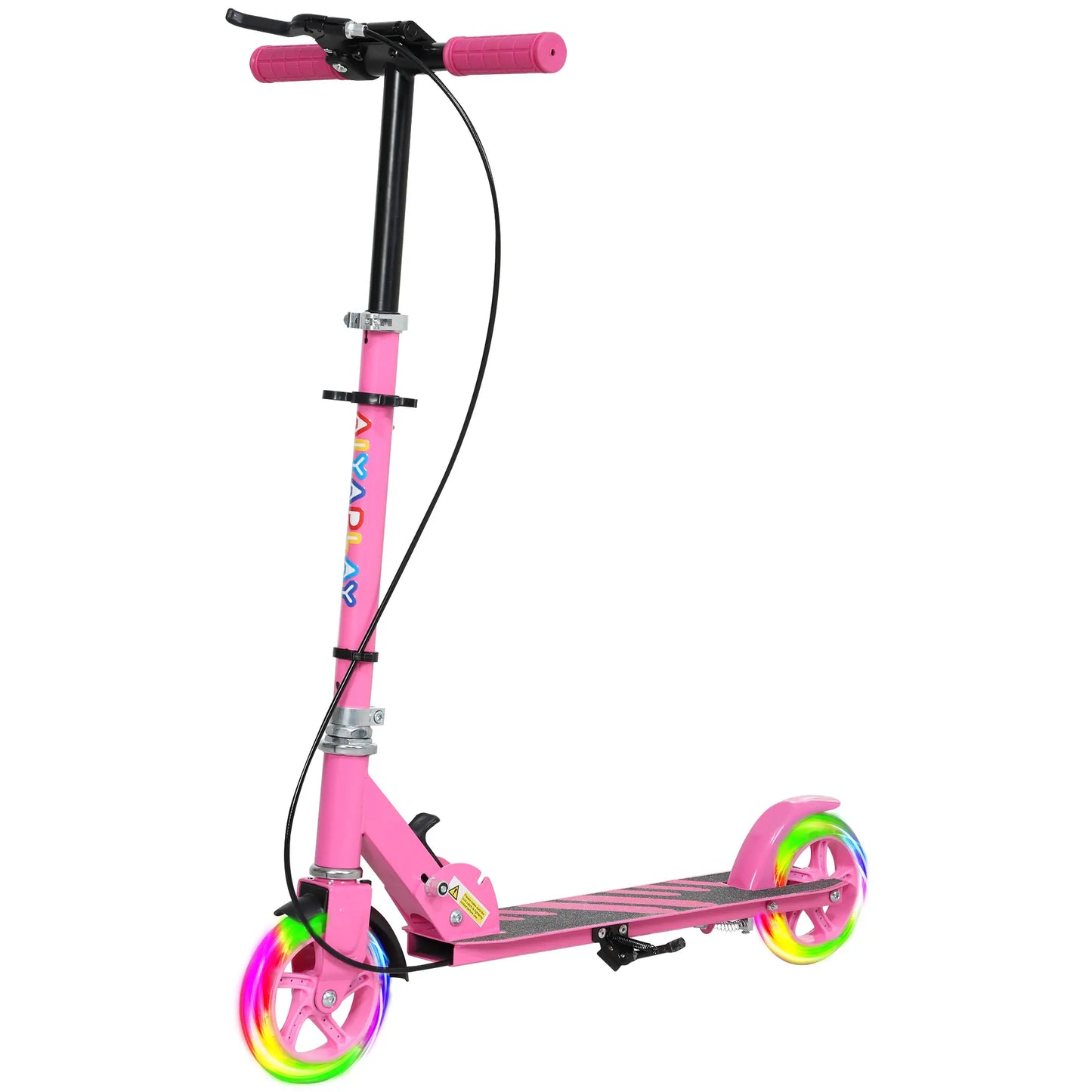 Rosa Kinderroller mit Metallrahmen, doppelten Bremsen und höhenverstellbarem Lenker.