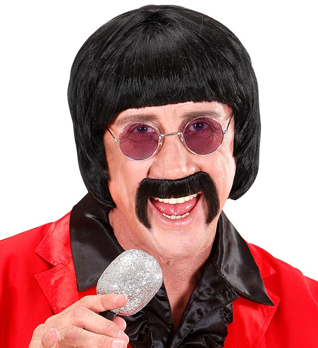 "SCHWARZE PERÜCKE 60ER JAHRE MUSIKER MIT SCHNURRBART UND BRILLE" in Box Schwarz