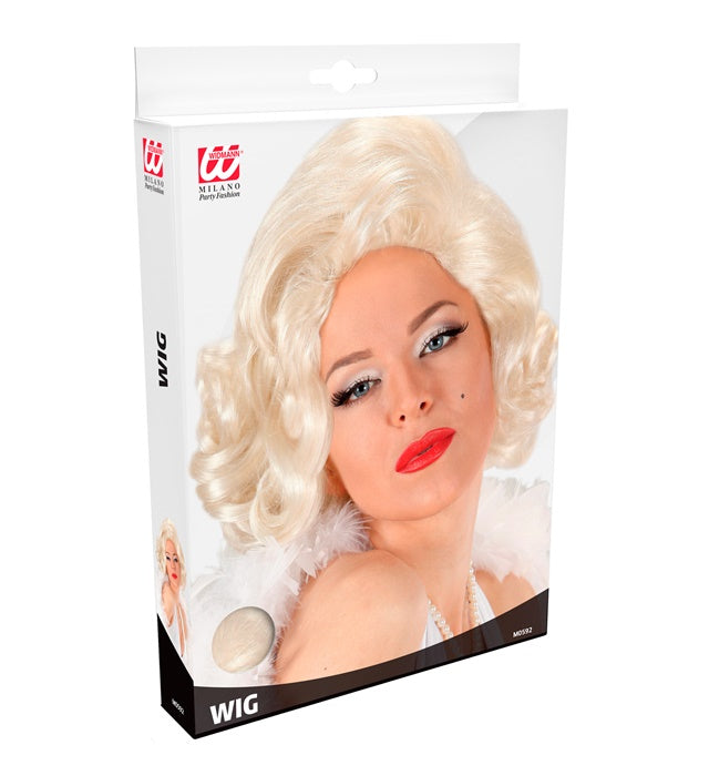 Marylin-Perücke in klassischem Blond auf schwarzem Hintergrund