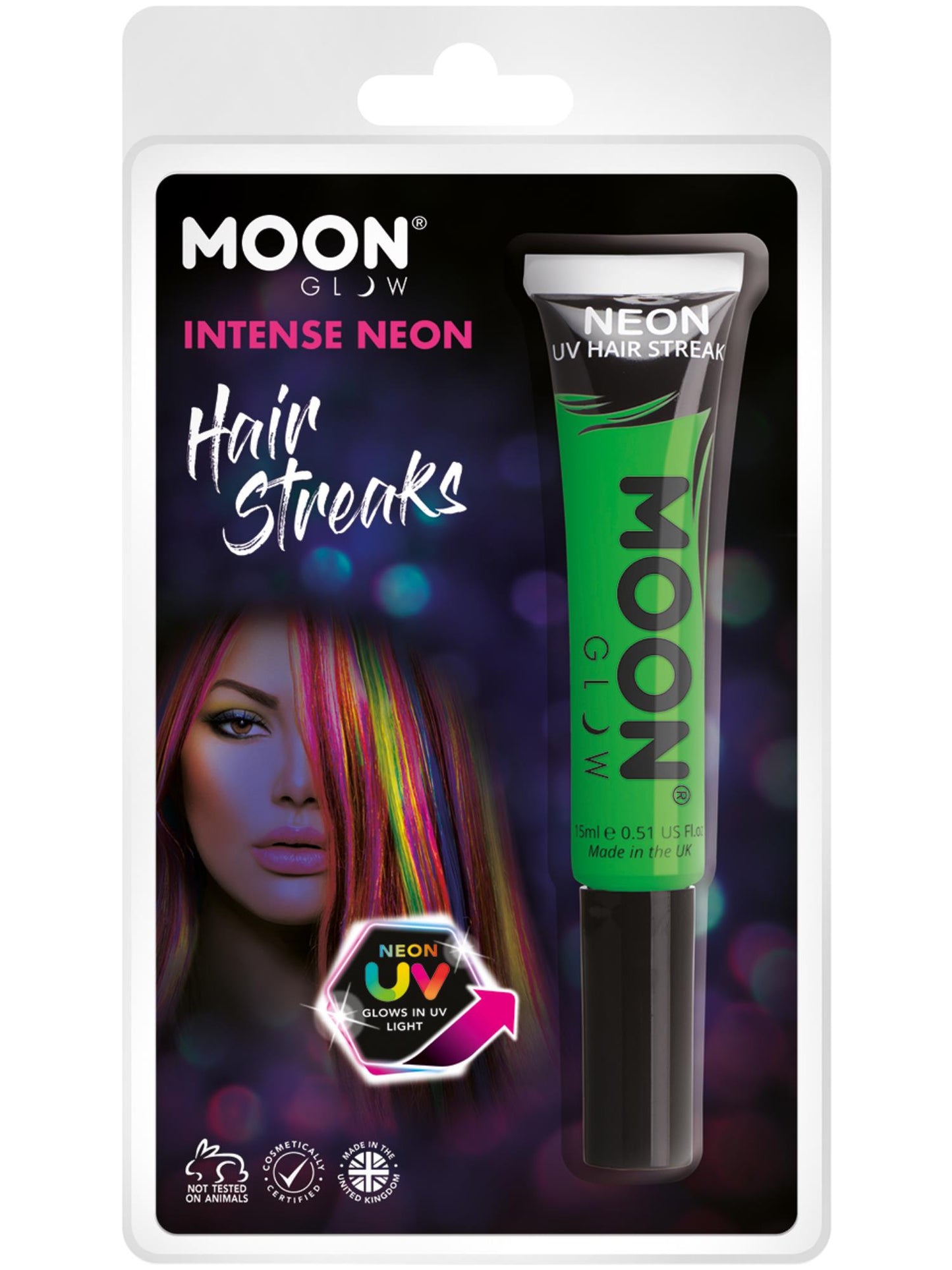 Smiffys Moon Glow Intense Neon UV Hair Streaks, Intense Gr CD für Unisex