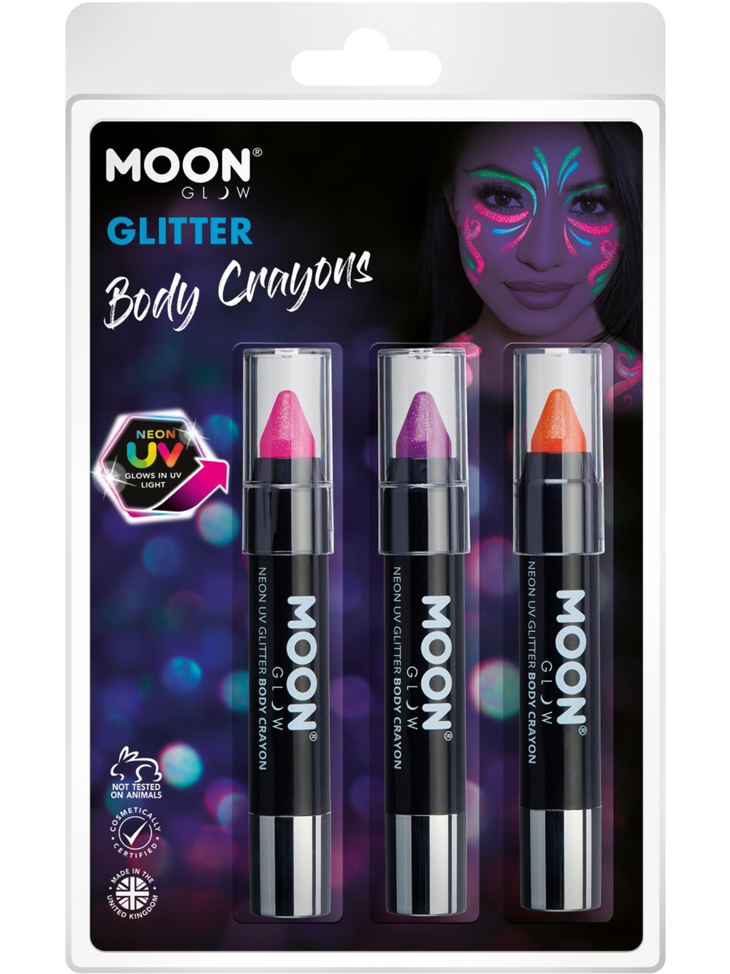 Smiffys Moon Glow - Neon UV Glitter Body Crayons, CD für Unisex
