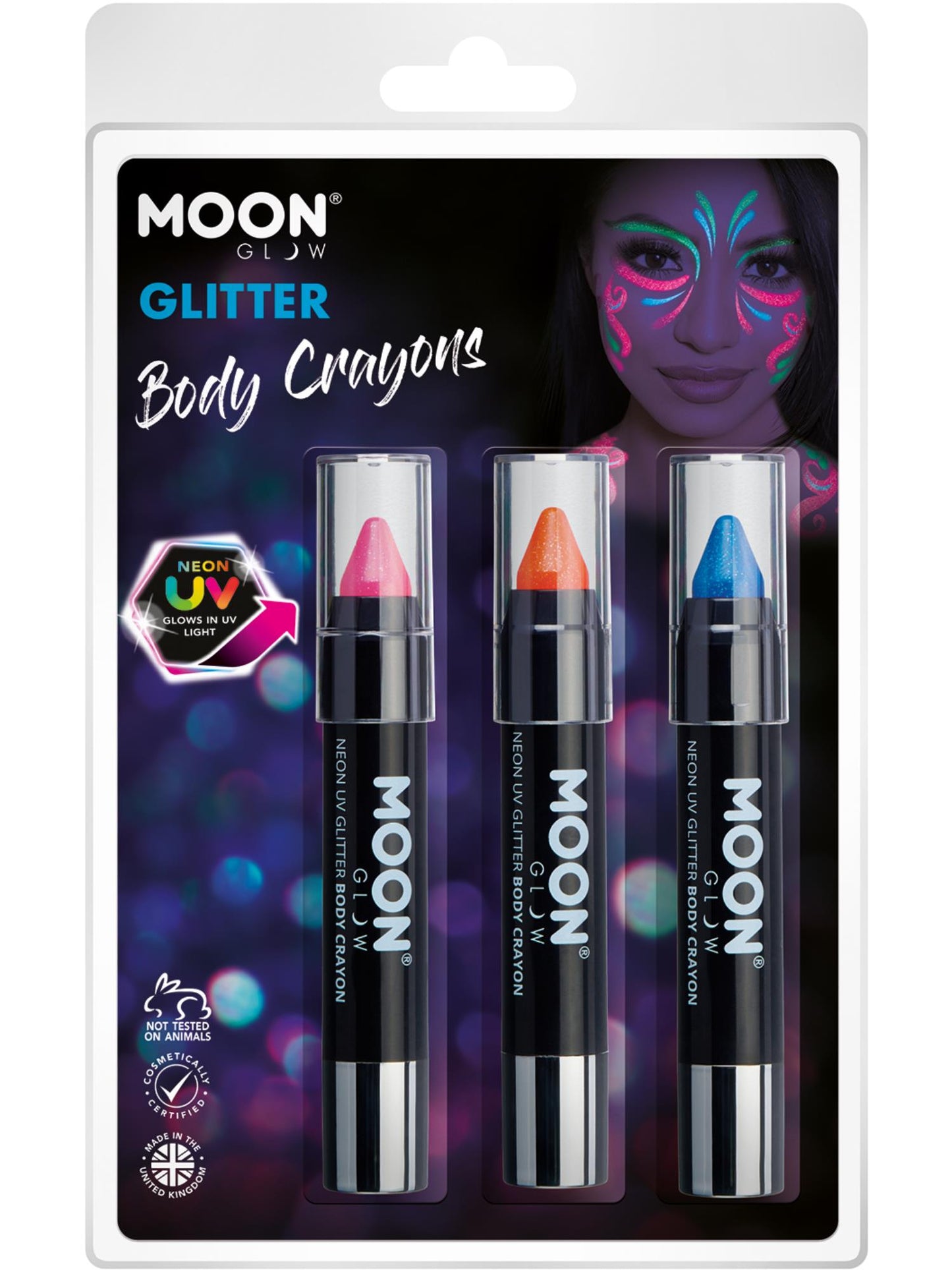 Smiffys Moon Glow - Neon UV Glitter Body Crayons, CD für Unisex