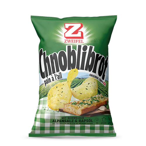 Zweifel Chips Zweifel Original Chips Chnoblibrot 175g Verpackung mit Chips