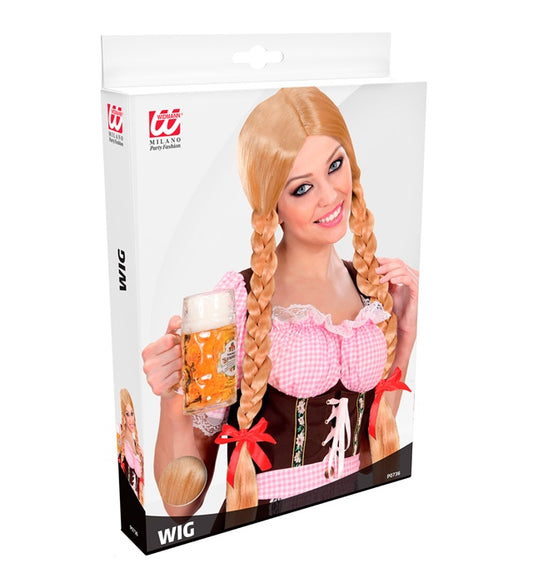 Blonde Gretel Perücke mit geflochtenen Zöpfen in Box für Fasnacht und Karneval