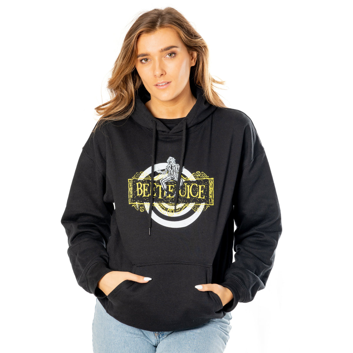 Rubies Beetlejuice Hoodie schwarz mit Spiraldesign – Seitenansicht