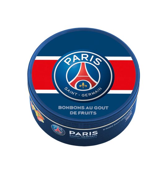 PSG Paris Saint Germain Bonbons mit Früchtemixgeschmack 200g in Metalldose – Produktansicht