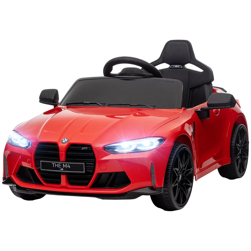 Rotes BMW M4 Elektro Kinderauto mit Fernsteuerung und LED-Scheinwerfern.