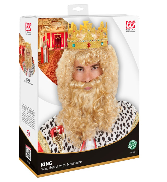 Perücke König mit Bart und Schnurrbart in Box für Fasnacht und Karneval
