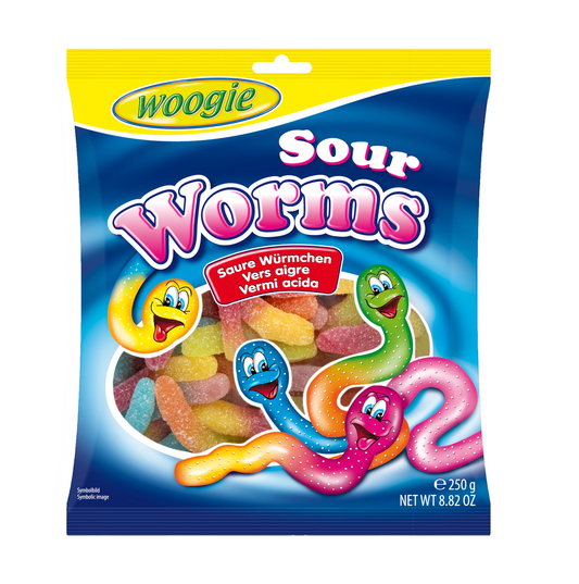 Woogie Saure Würmer 250g gezuckerte Fruchtgummi Glühwürmchen – Produktansicht