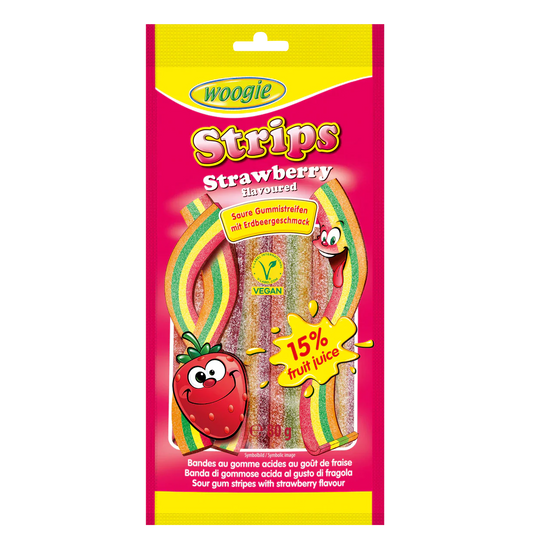 Woogie Sour Strawberry Strips 80g – Fruchtgummi Erdbeer sauer – Produktansicht