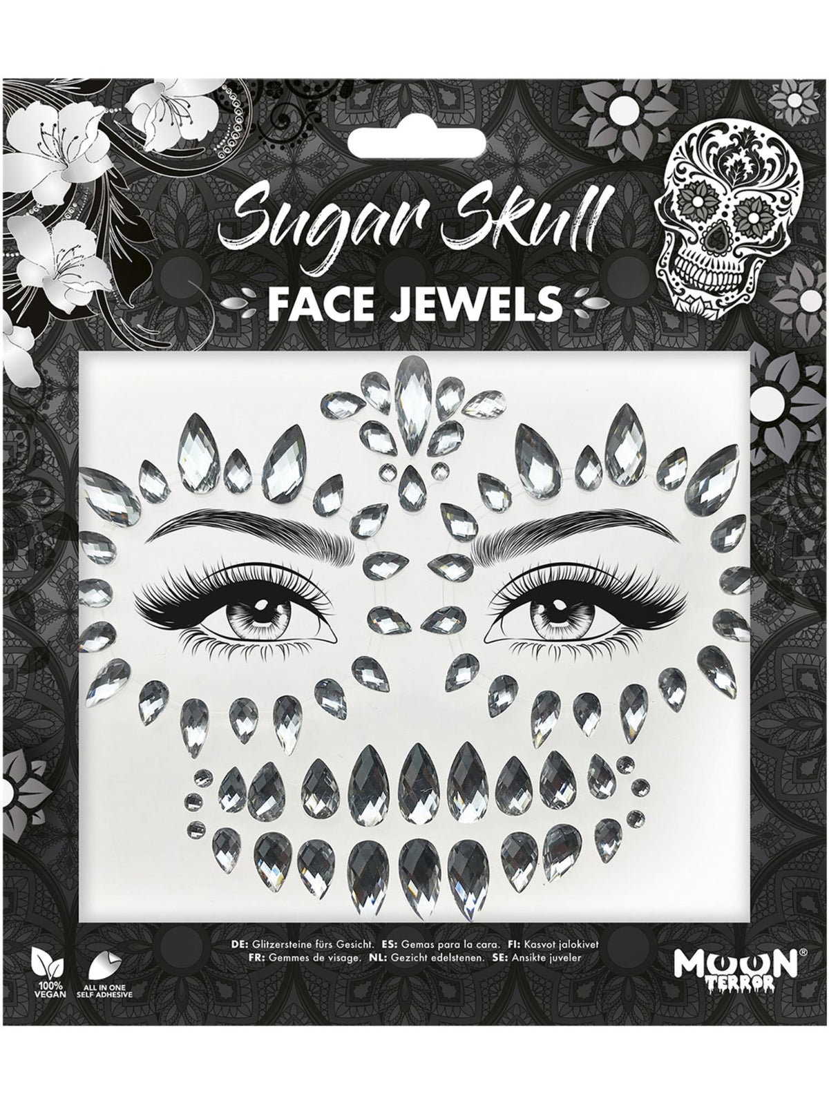 Smiffys Moon Terror Face Jewels Sugar Skull silberner Gesichtsschmuck