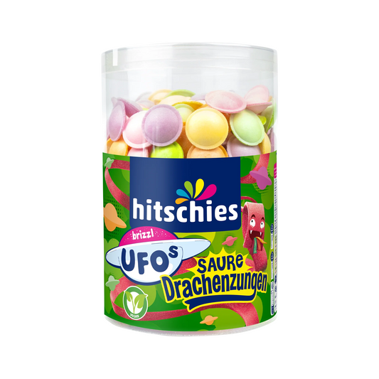 Hitschies Ufo´s Saure Drachenzungen Dose 450g mit Brausefüllung – Produktansicht