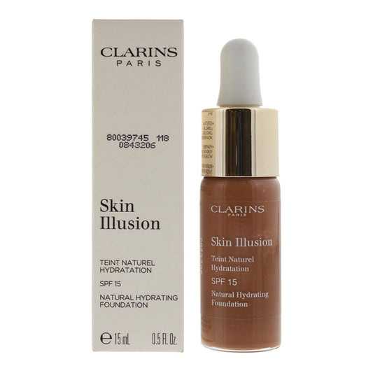 Clarins, Skin Illusion, Feuchtigkeitsspendend, Leuchtend, Flüssige Grundierung, 118, Siena, SPF 15, 15 ml *Tester