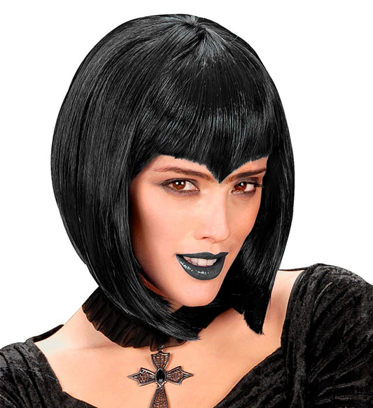 Schwarze Gothic Vamp Perücke in Box für Halloween und Fasnacht