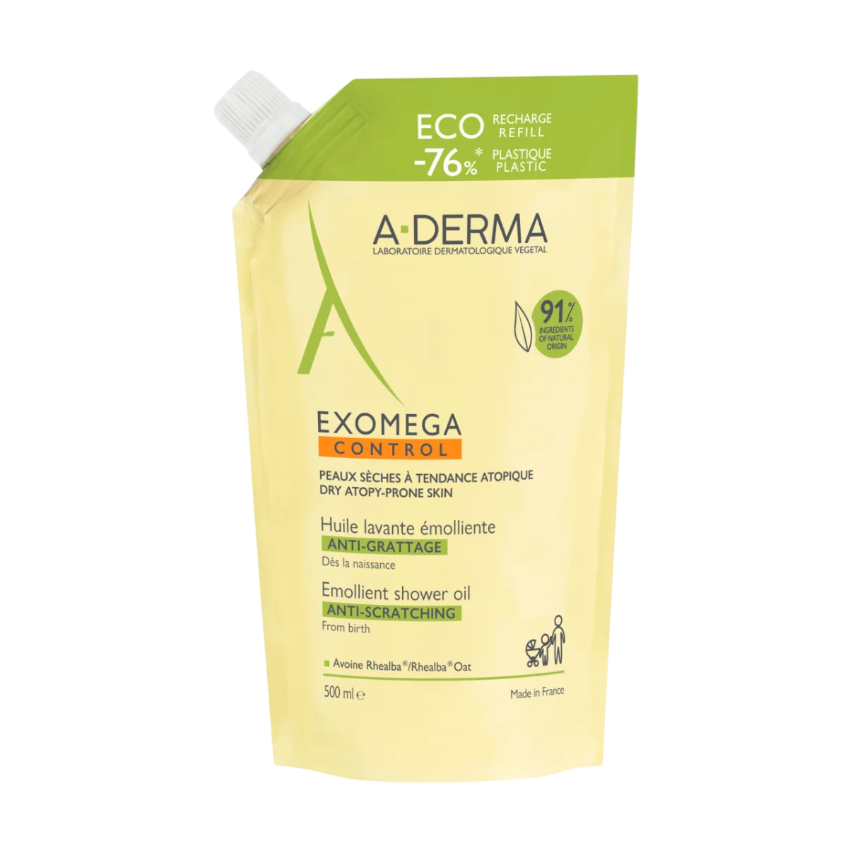 A-Derma, Exomega Control, Emolliens, Duschöl, Für sehr trockene bis atopische empfindliche Haut, 500, ml Nachfüllen