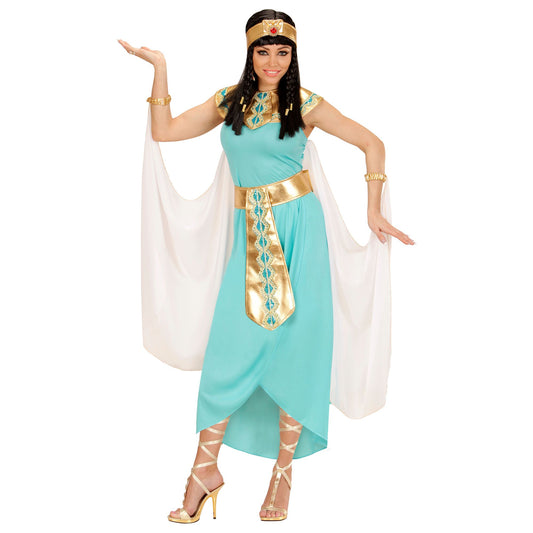 "ÄGYPTISCHE KÖNIGIN" (Kleid, Gürtel, Armbänder, Stirnband, Umhang) – Vorderansicht