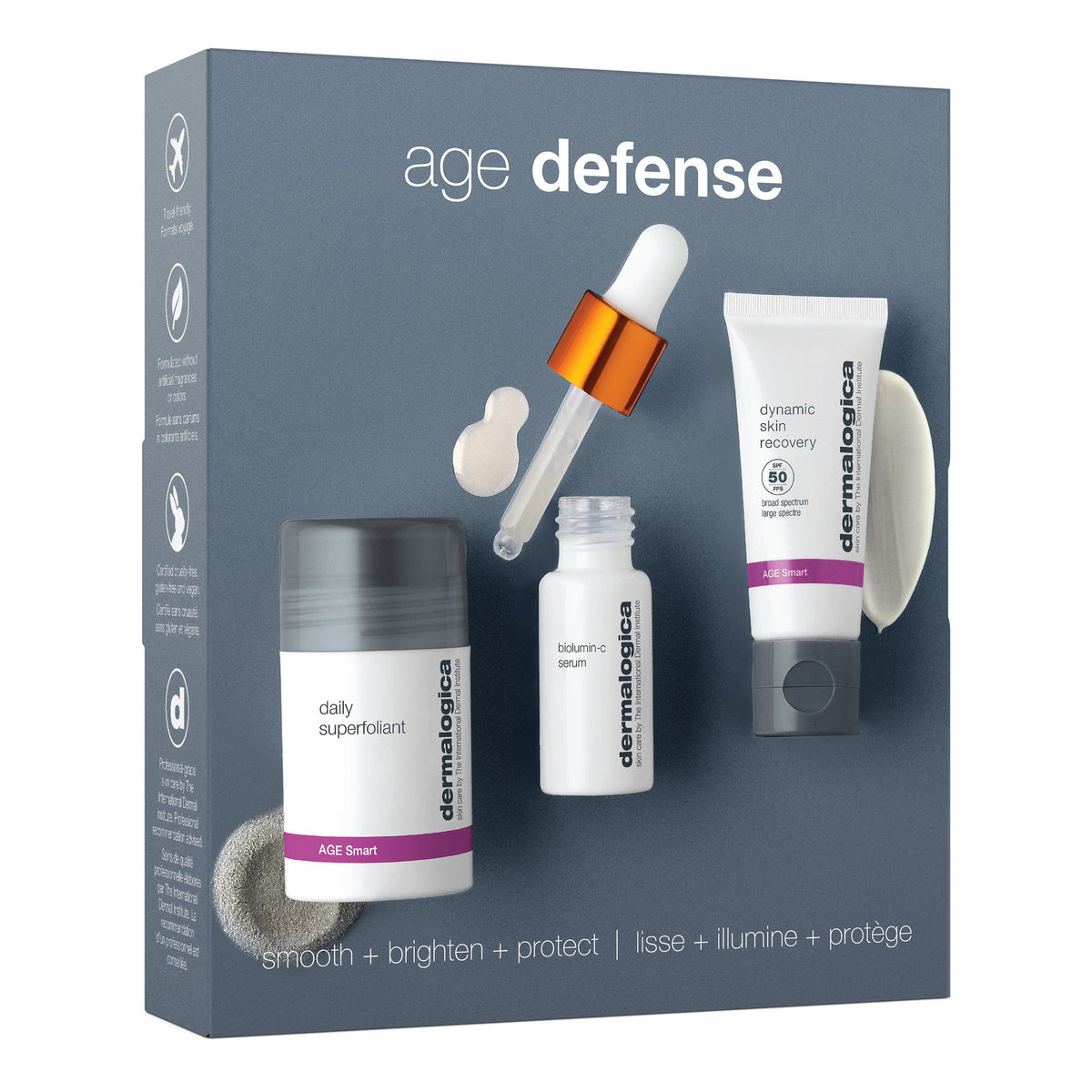Age Defence Set Dermalogica: Daily Superfoliant, Anti-Pollution, Exfoliating Powder, 13 g + Biolumin-C, Vitamin C, Brightening, Serum, For Face, 10 ml + Dynamic Skin, Hydrating, Cream, For Face, SPF 50, 12 ml