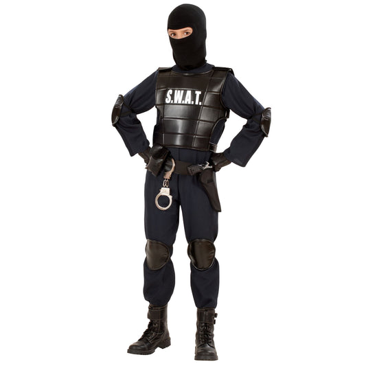 "AGENT S.W.A.T" (Kostüm, kugelsichere Weste, Gürtel mit Halfter und Tasche, Knieschoner, Ellenbogenschoner, Maske) – Vorderansicht