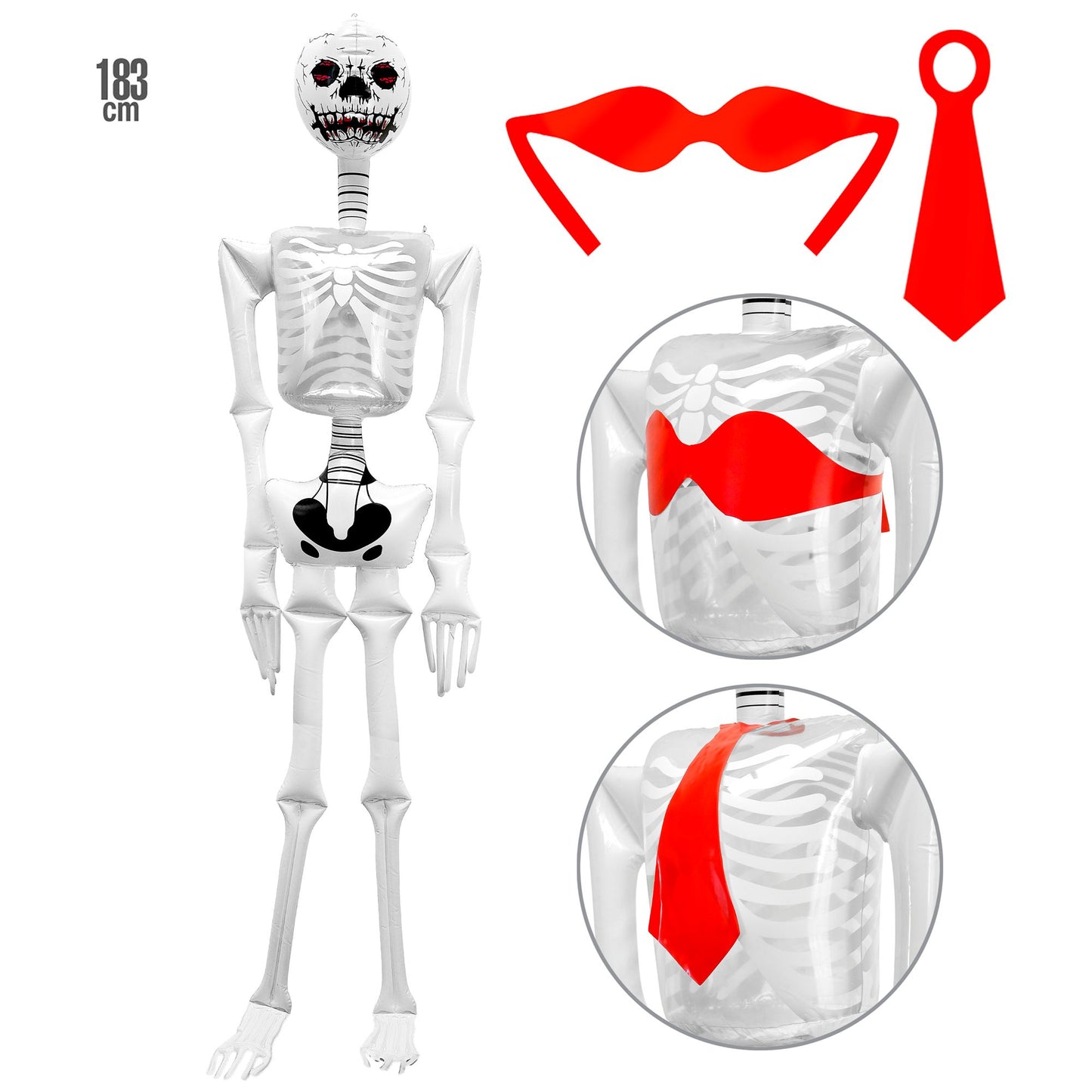 "AUFBLASBARES SKELETT" mit Krawatte und Bh - 1,83 m – Vorderansicht