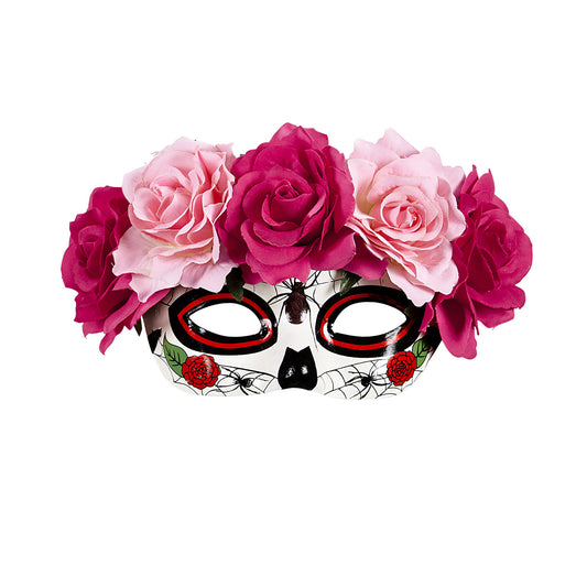 "AUGENMASKE DIA DE LOS MUERTOS DEKORIERT MIT ROTEN & PINKFARBENEN ROSEN" – Vorderansicht