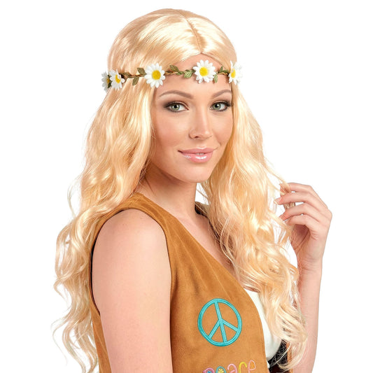 "Blonde "HIPPIE / MITTELALTER PERÜCKE MIT BLUMENSTIRNBAND" in Polybag – Vorderansicht
