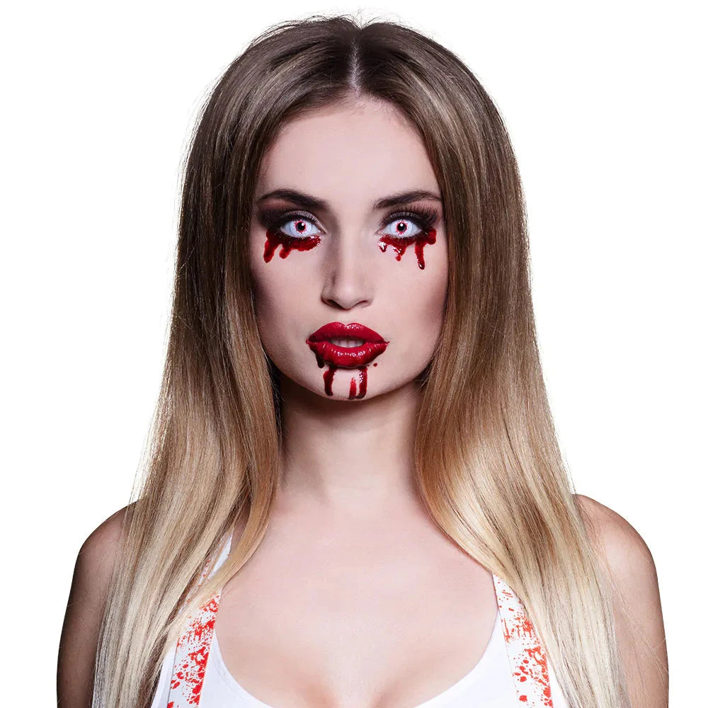 Rote und weiße Wochen-Kontaktlinsen mit dramatischem Blut-Effekt für Halloween und Fasching.