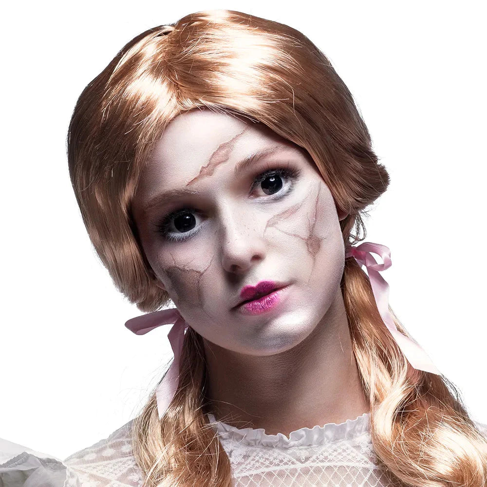 Rote Kontaktlinsen im Broken Doll Design, ideal für Cosplay und Halloween.