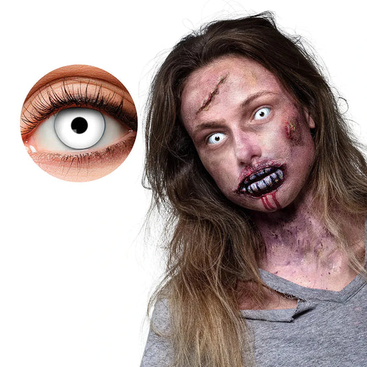 Weiße Kontaktlinsen mit gruseligem Design für einwöchigen Gebrauch, 14,5 mm Durchmesser.