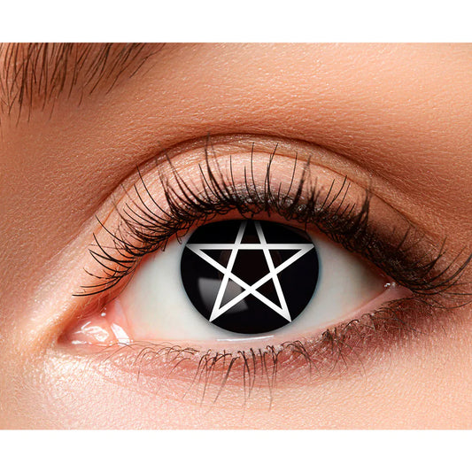 Schwarze Kontaktlinsen mit weißem Pentagramm-Motiv für auffälligen Look bei Events.