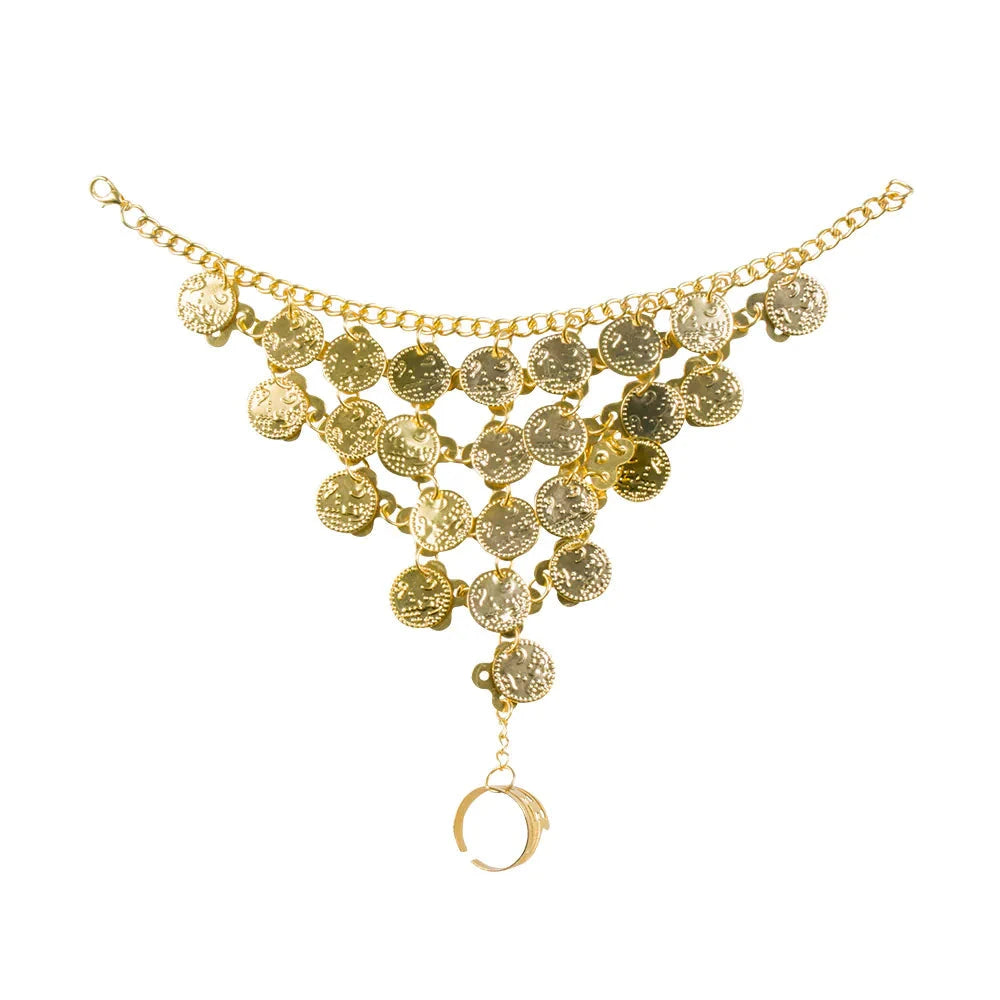 Goldfarbene Handkette mit Ring, verstellbar, glänzende Kette und zarter Ring.