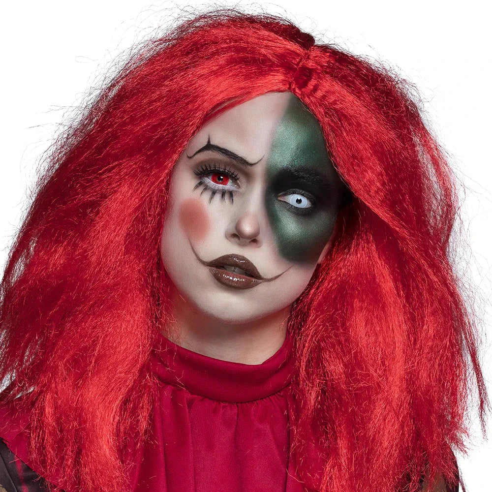 Zwei-farbige Kontaktlinsen für ein gruseliges Clown-Aussehen, ideal für Kostümpartys.