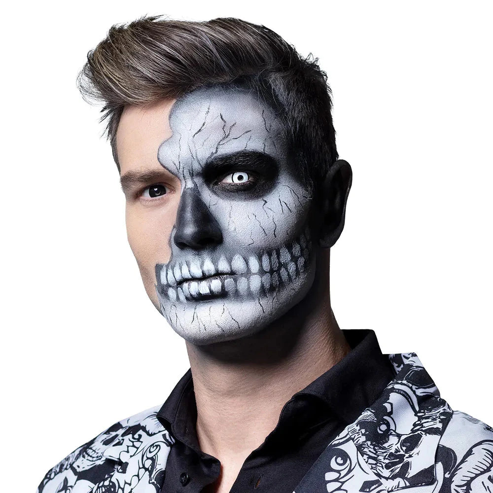 Zwei-Ton Kontaktlinsen mit opakem Skull-Gesichtsmuster in steriler Blisterverpackung.