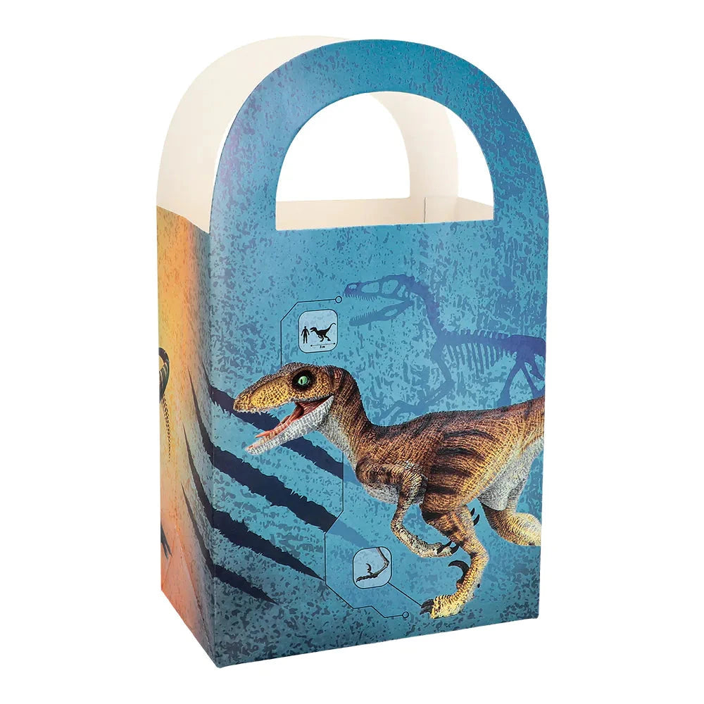 Vier stabile Kraftpapier-Dinosaurier-Tüten mit T-Rex-Druck für Partytüten.