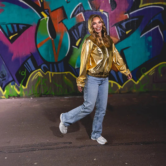 Goldene 80er Metallic Rave Jacke für Herren mit scharfem Schnitt und glänzendem Finish