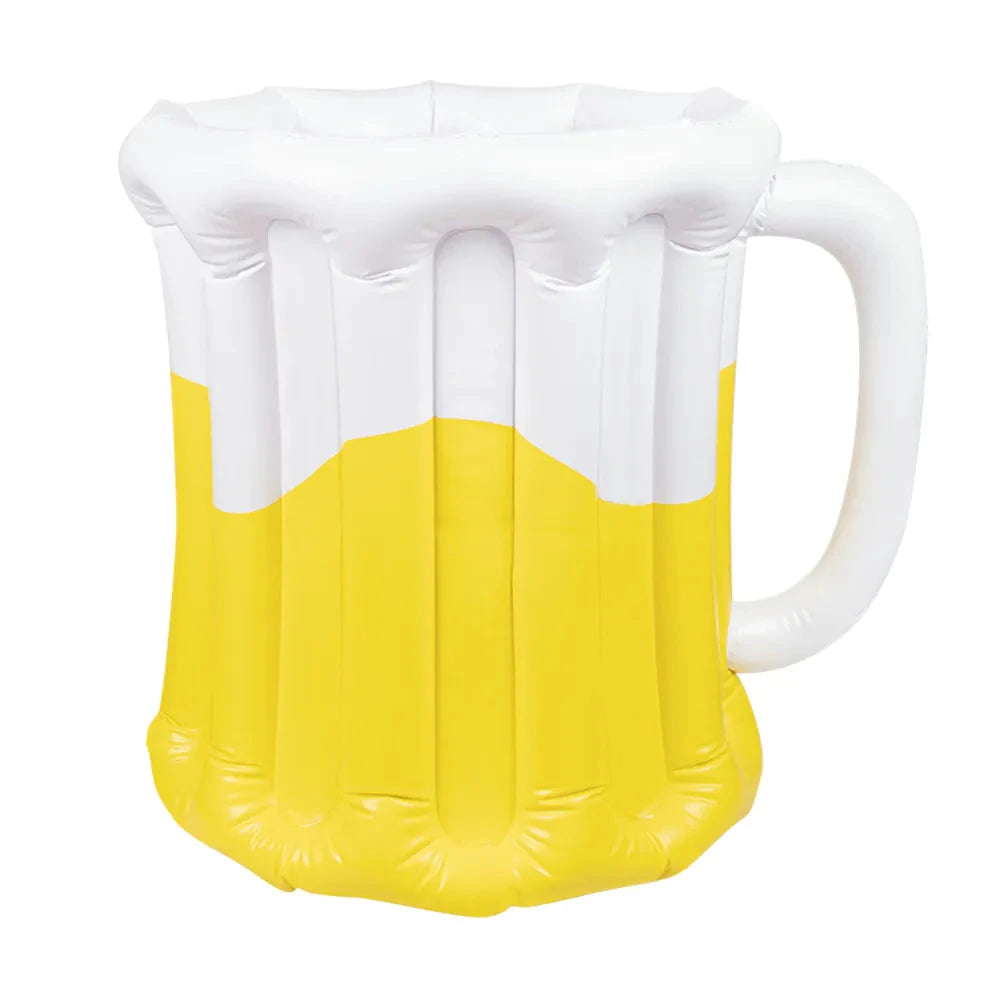 Aufblasbarer XXL Bierkrug Kühler in Blau mit Eis und Getränken für Partys und Feste.