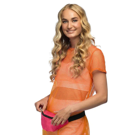 Neonpink glitzernde Bauchtasche mit verstellbarem Gürtel und sicherem Reißverschluss.