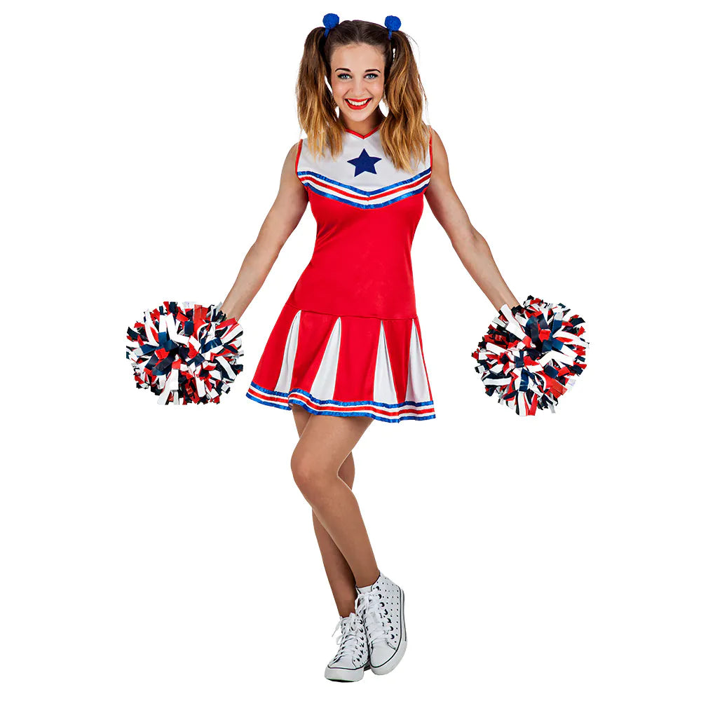 Rotes und weißes Cheerleader Trikot-Kleid mit Glitzerelementen für Damen, ohne Pompons.