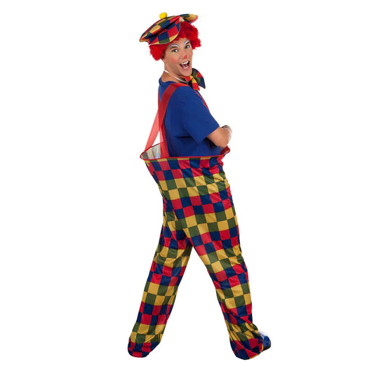 Gestreiftes Clownkostüm Bonbon mit Jumpsuit, Hut und Fliege in bunten Farben, Größe M/L.