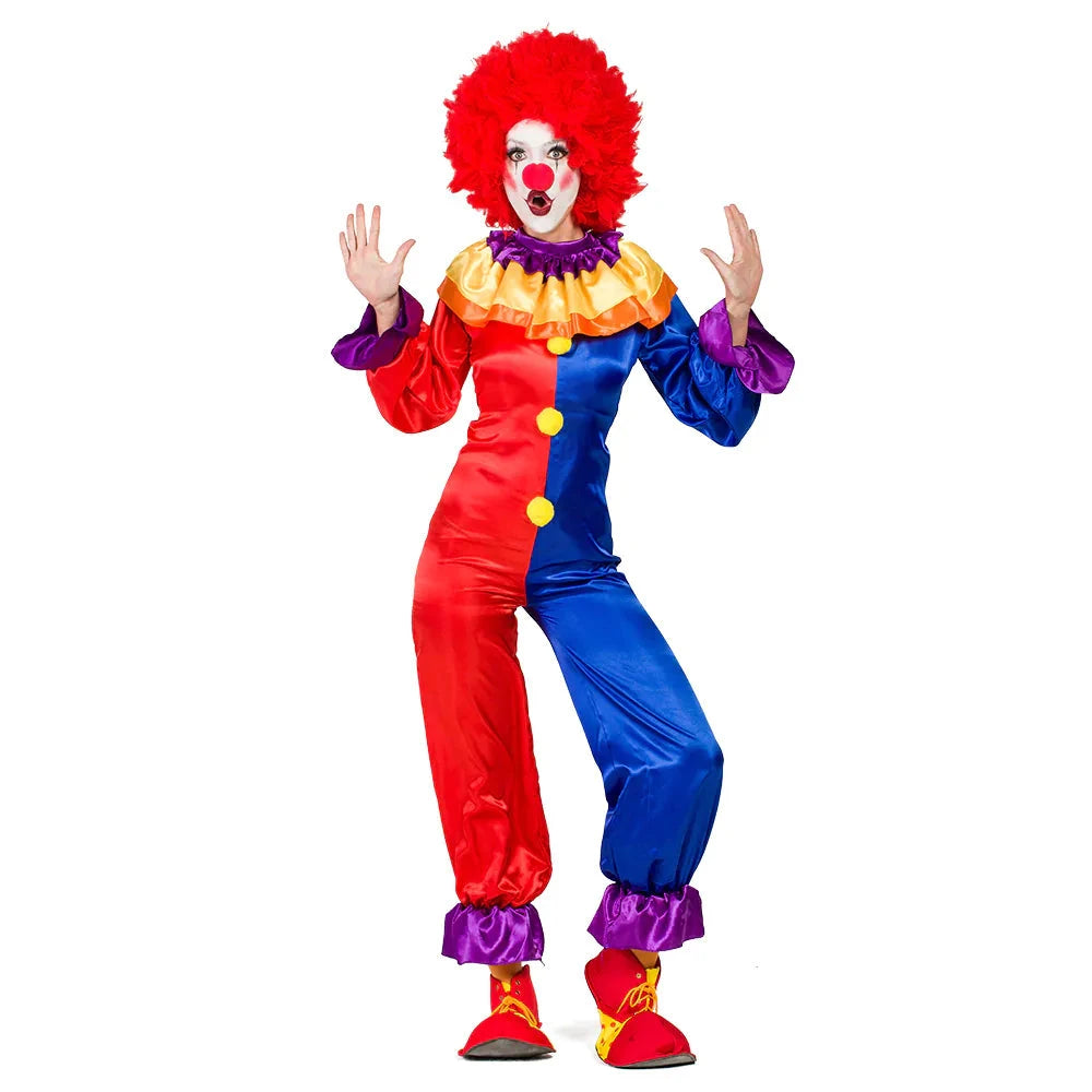 Blauer und roter Damen-Jumpsuit im Clown-Stil mit elastischem Bund und Halstuch