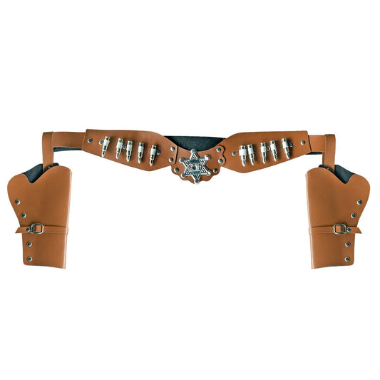 Brauner Cowboy-Holster aus echtem Leder mit doppelten Fächern und 125 cm verstellbarem Gürtel.